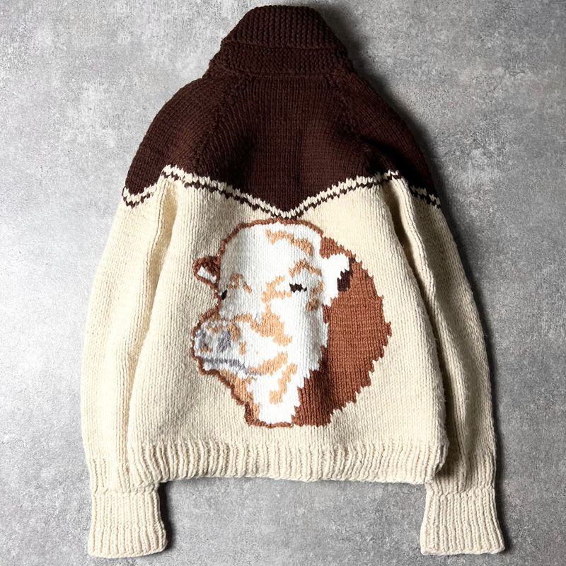 60s ウシ 総柄 フルジップ ウール カウチン ニット セーター / 60年代