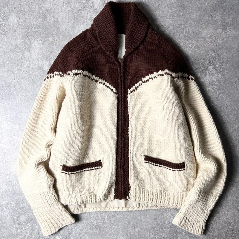 60s ウシ 総柄 フルジップ ウール カウチン ニット セーター / 60年代