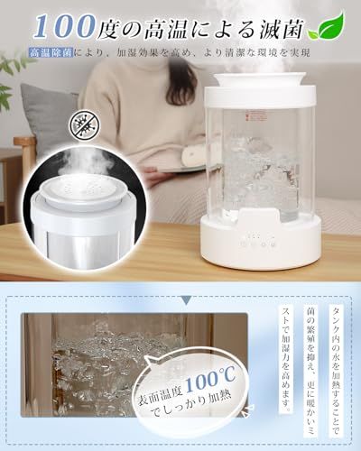 加湿器 スチーム式 加熱式 2025冬新登場 100℃高温除菌 3 L大容量 500 ml h加湿量 透明タンク 切タイマー付き リモコン付き LEDライト 上から給水 蒸気式 フィルター不要 SUS 304ステンレス 高ホウケイ酸ガラス お手入 febee 9 c 4