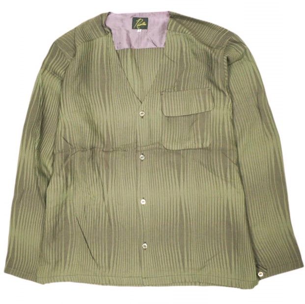Needles ニードルス 日本製 V Neck Shirt -R/N Wave Stripe Jq. ウェーブストライプ Vネックシャツ MR146 S Olive トップス g22871