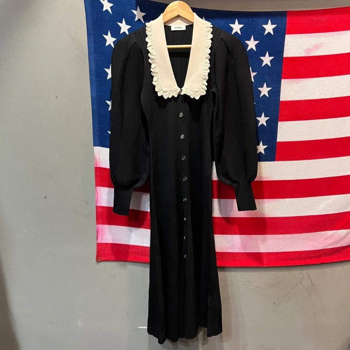 Sandro サンドロ ブラック レイ ロングワンピース