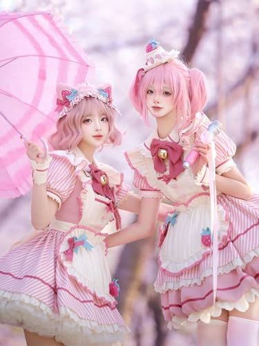 XHSUKADO メイド服 2点セット ワンピース レディース セットアップ ストライプ ロリータ エプロン 服 制服 ゴスロリ ドレス 洋服 フリル リボン メード服 コスプレ 仮装 Lolita アイドル 衣装 女の子 半袖 春 夏 1 bfb 73 ff
