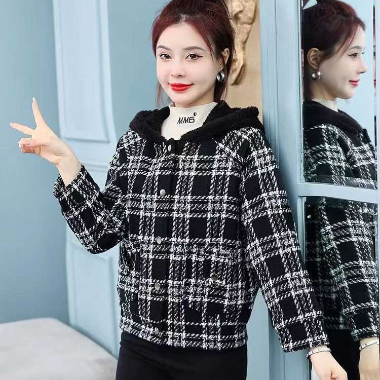 チェック柄 ボアジャケット フード付き ボアコート 前開き ボタン 長袖