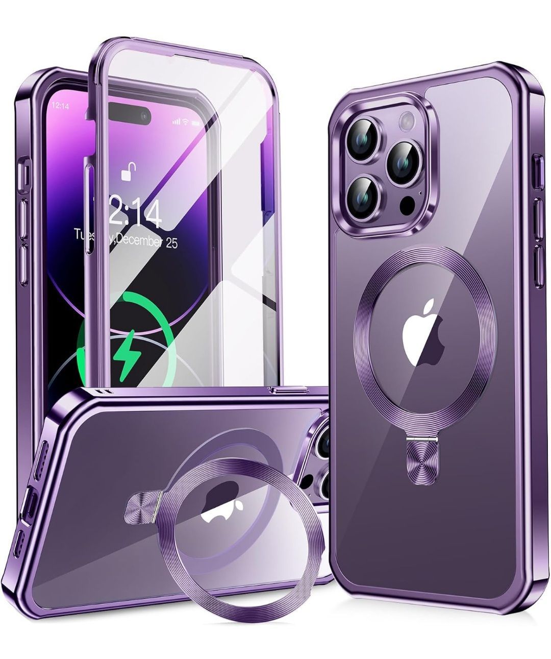 iPhone14Pro 用 ケース 隠しスタンド 横縦両立 耐衝撃 パープル ☆KELLCASE iPhone 14 Pro 用 ケース 両面 隠しスタンド・CDリング 横