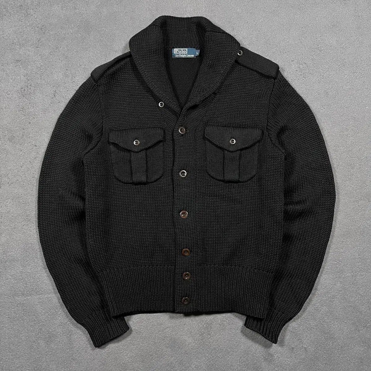 ポロ ミリタリー ショールカラー ヘビーウール ニット カーディガン