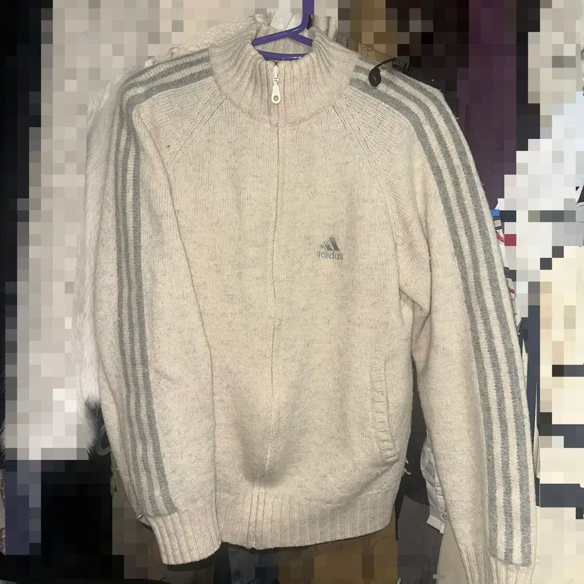 ヴィンテージ アディダス 3本線 アイボリー ニット トラックジャージ ジップアップ