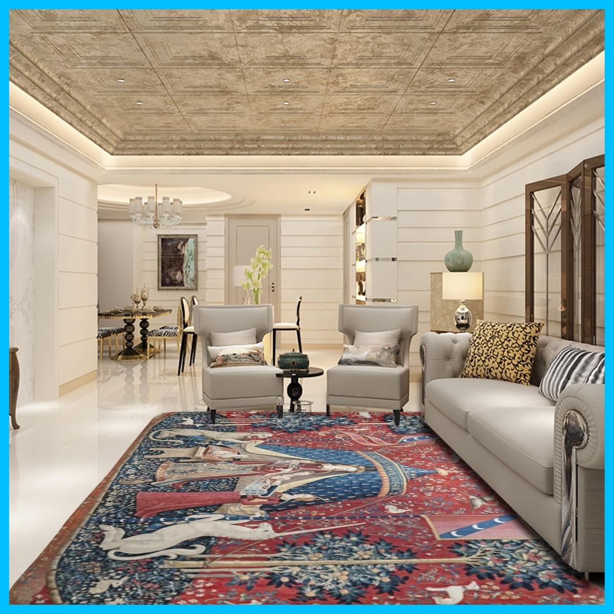 滑り止め付 フロアマット 床暖房対応 20 mm 2 03 1 48 cm 厚手 心地よい ラグマット 超柔らかい 折り畳み 防音 抗菌防臭防ダニ カーペット ホットカーペット対応 北欧 ビング ベッドルーム 絨毯 床 貴婦人と一角獣 エコ素材