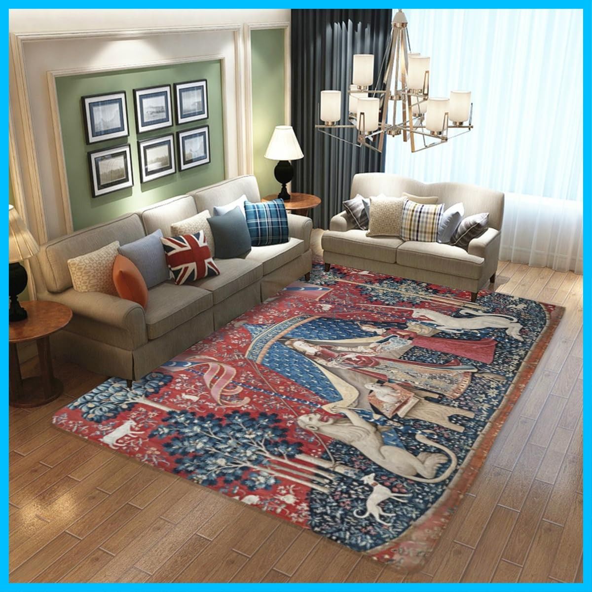 滑り止め付 フロアマット 床暖房対応 20 mm 2 03 1 48 cm 厚手 心地よい ラグマット 超柔らかい 折り畳み 防音 抗菌防臭防ダニ カーペット ホットカーペット対応 北欧 ビング ベッドルーム 絨毯 床 貴婦人と一角獣 エコ素材