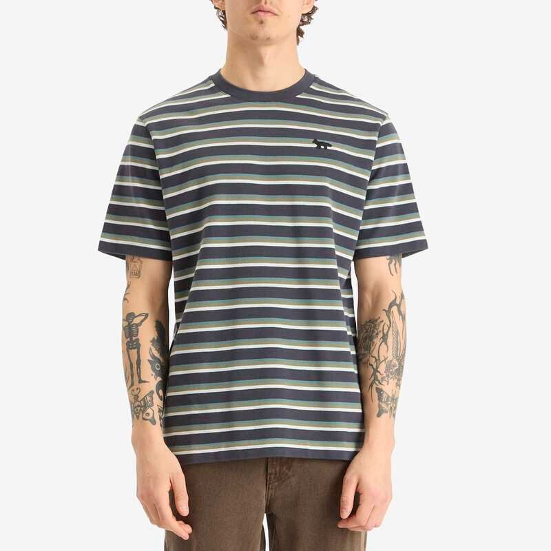 メゾンキツネ メンズ トップス Tシャツ Maison Kitsune Profile Fox Patch Striped ComfortShirt Softeal Bay Leaf Cirrus Blue ブルー