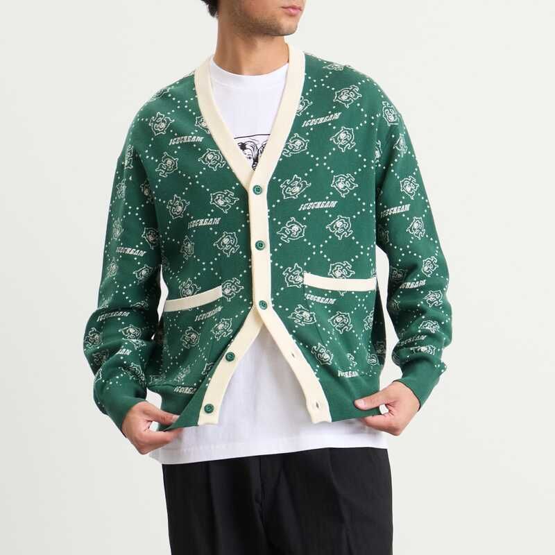 アイスクリーム メンズ アウター カーディガン ニット ICECREAMonogram Knit Cardigan Green グリーン