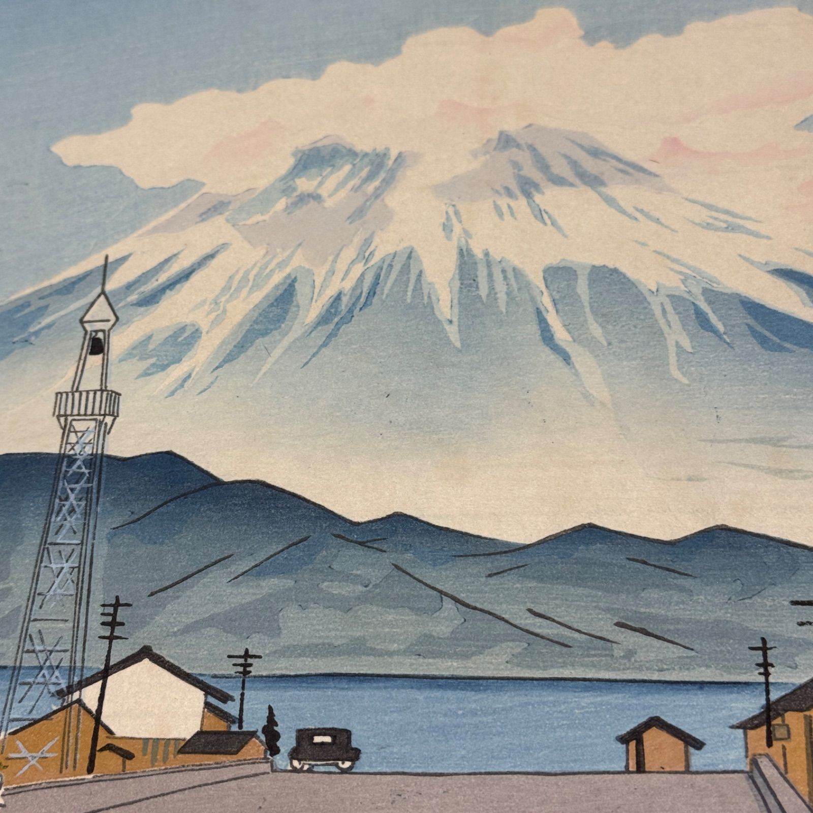 真作】彩色 木版画 徳力富吉郎 「富士三十六景ノ内 興津海岸の冨士