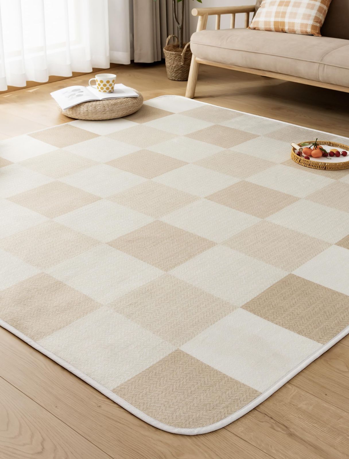 在庫処分 防臭 滑り止め 抗菌 おしゃれ オールシーズン 北欧 絨毯 床暖房 約2畳 185 cm ホットカーペット対応 洗える ラグマット 床保護マット ラグ カーペット チェックベージュ ＨＡＲＵＭＩＮ