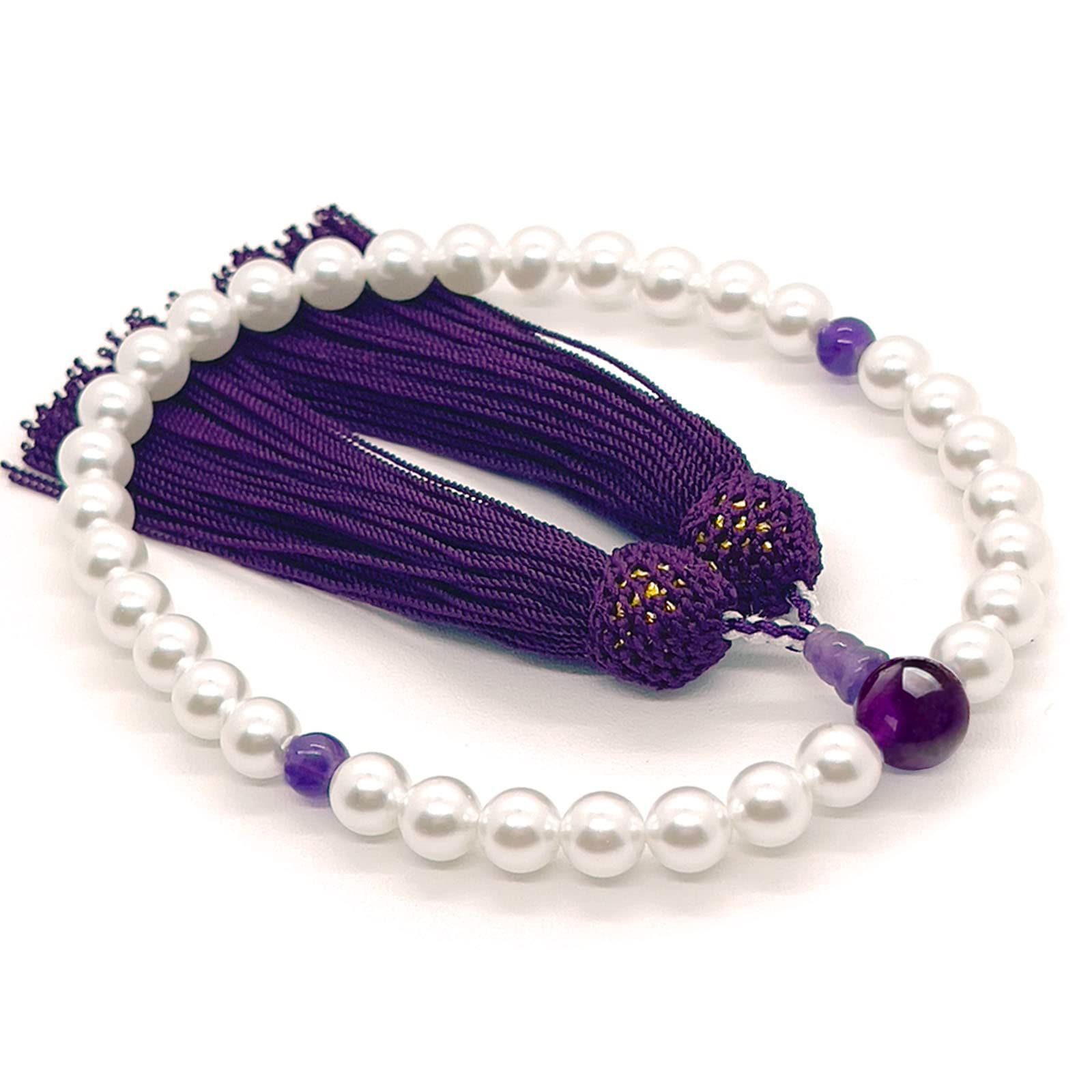 永善念珠屋 数珠 女性用 貝パール 西陣風金襴 数珠袋付き 紫水晶 人絹頭房 全ての宗派で使える 念珠 手作り 仏具 記念品 葬儀 法事