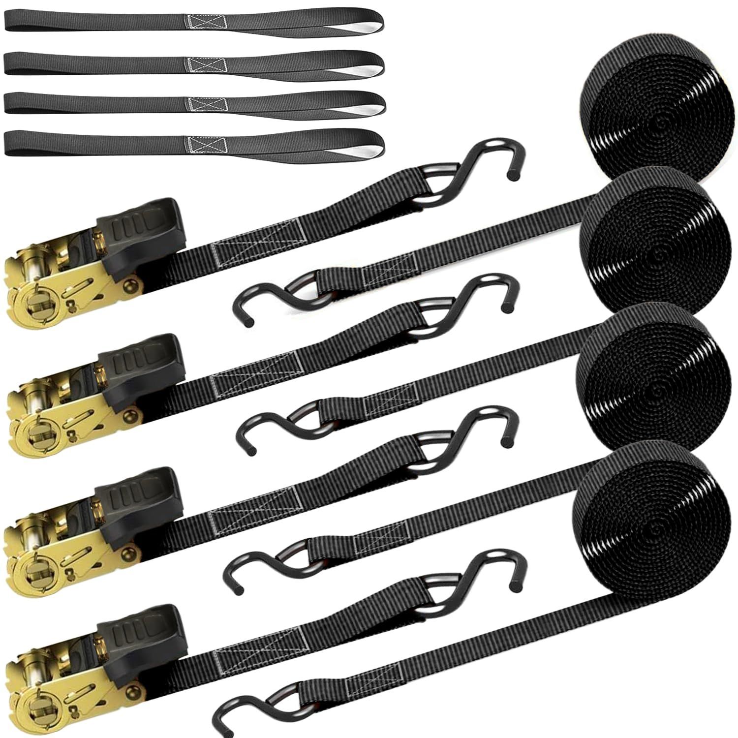 在庫処分 4本ラッシング 巻側 4 m 荷締めベルト 幅2 5 cm 固定バンド ラチェットベルト式ダウンベルト 破断荷重800 kg 本 最大使用荷重225 タイダウン 荷締固定ベルト 多用途 KOKITEAラッシングベルト黒 引越し 運搬用