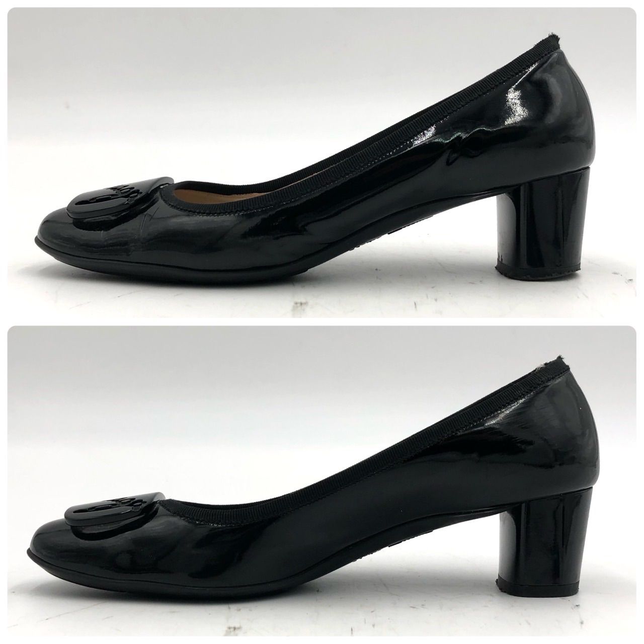 サルヴァトーレフェラガモ パンプス 7.5 25cm 黒 エナメル チャンキー