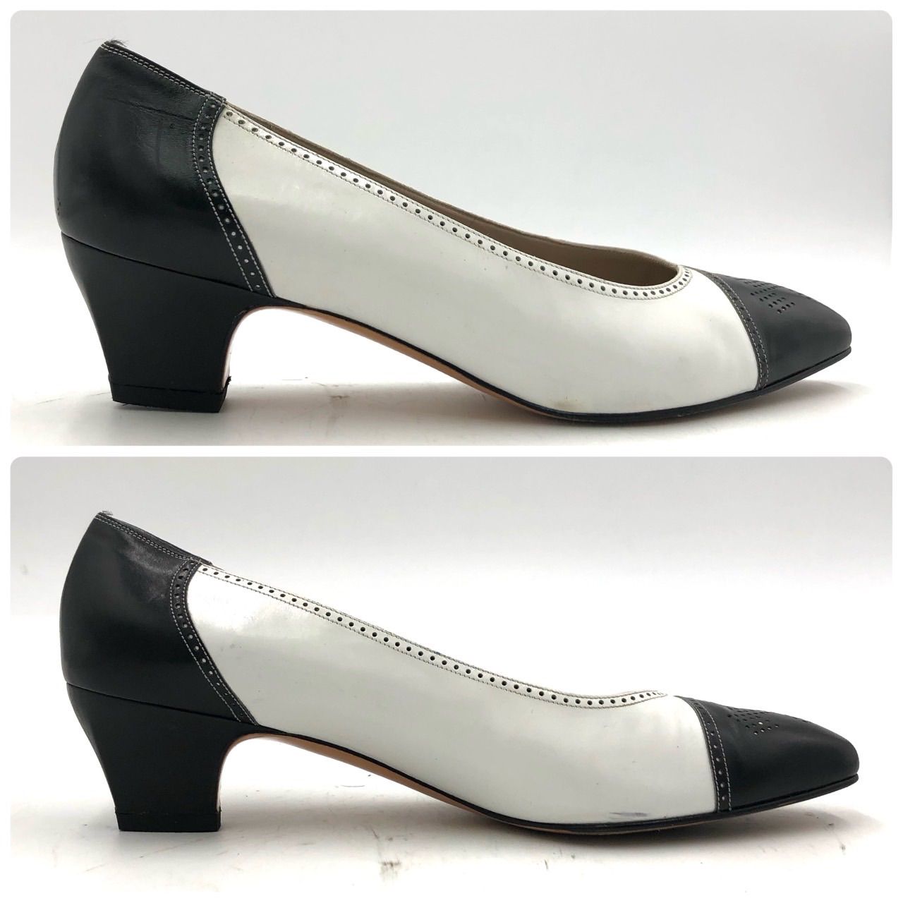 美品】フェラガモ パンプス 7B 24cm 白 黒 バイカラー レザー チャン