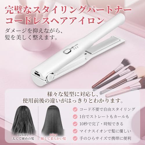 コードレス usb充電 ヘアアイロン 2 WAY ストレート＆カール ミニ ワイヤレス 160 180 200℃ 3段階温度設定 スマホを充電 4500 mAh 自動OFF ロック機能 小型 軽量 持ち運び便利 男女兼用