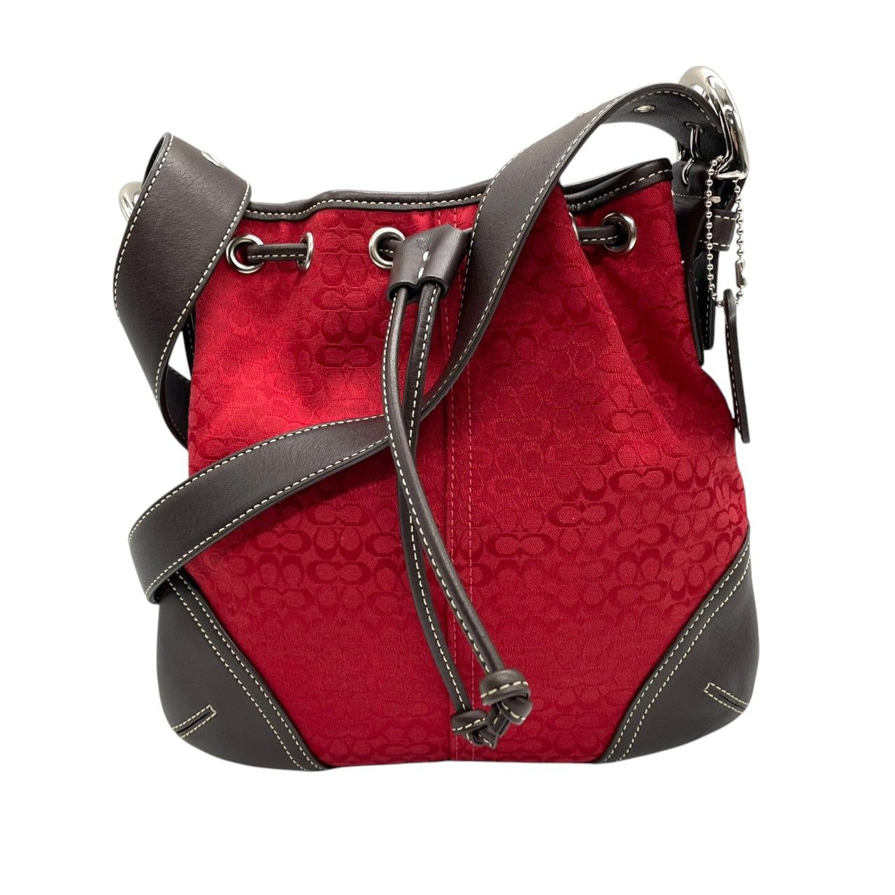 コーチ COACH ショルダーバッグ 巾着 クロスボディ 斜め掛け ミニシグネチャー 6387 キャンバス レザー 本革 レッド 赤 ブラウン 茶色 ドローストリング バケットバッグ レディース 軽量 コンパクト 鞄 カバン カジュアル s 11 ショート丈 デニム