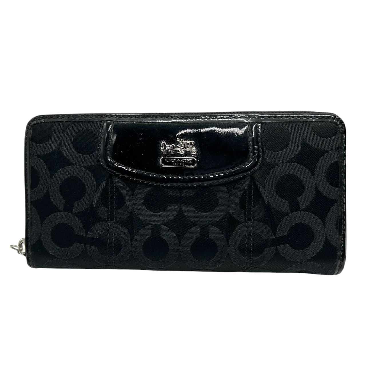 き コーチ COACH 長財布 アコーディオンジップ ラウンドファスナー シグネチャー パテントレザー ブラック 黒 馬車ロゴ プレート プリーツ 大容量 多機能 レディース メンズ ユニセックス ウォレット M 3