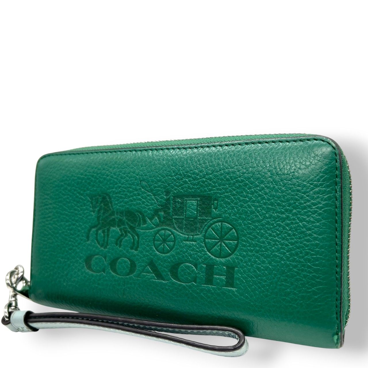 コーチ COACH 長財布 アコーディオンジップ ラウンドファスナー C 5889 レザー 本革 グリーン 緑 馬車ロゴ ホースアンドキャリッジ デボス加工 大容量 多機能 リストレットストラップ レディース メンズ ユニセックス M 3
