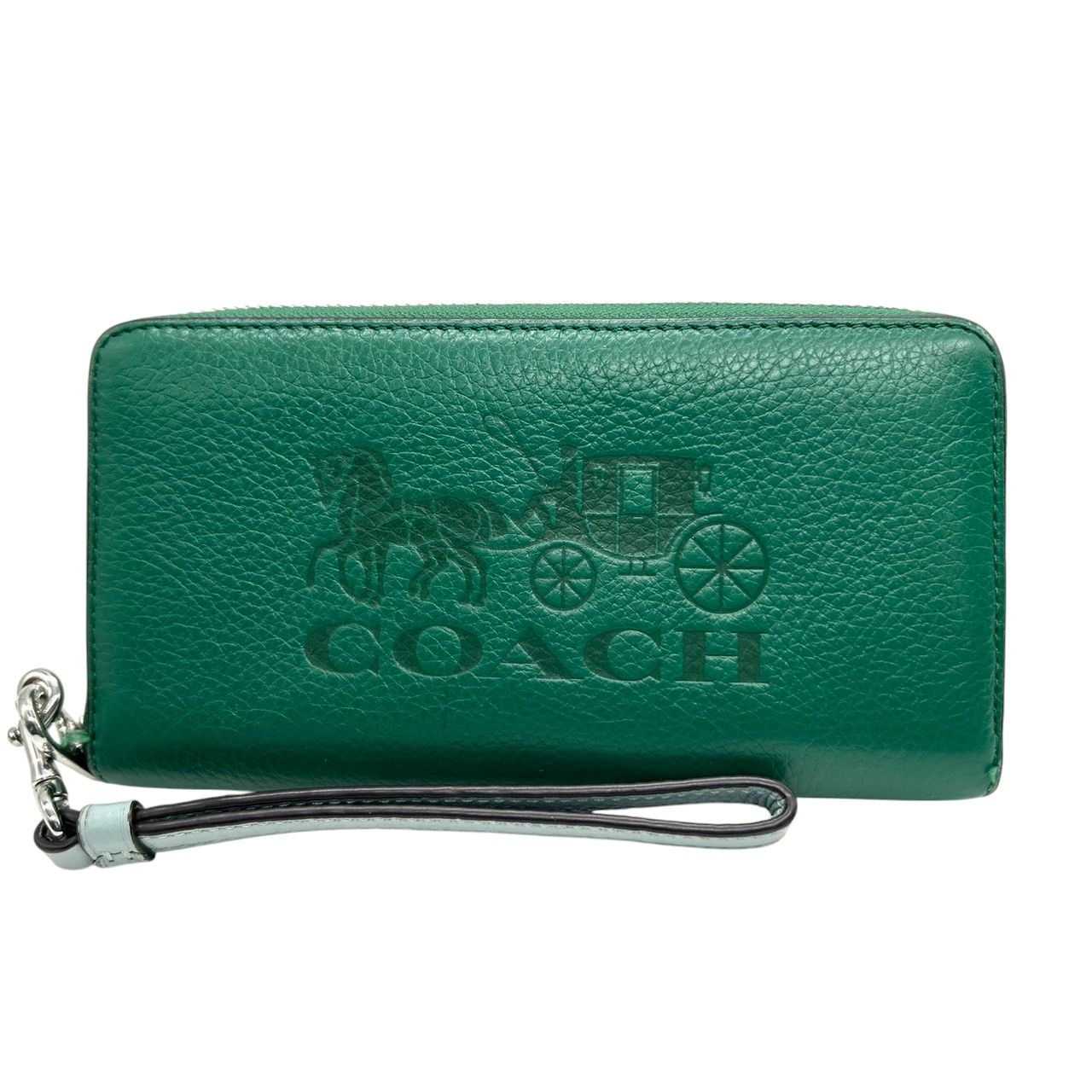コーチ COACH 長財布 アコーディオンジップ ラウンドファスナー C 5889 レザー 本革 グリーン 緑 馬車ロゴ ホースアンドキャリッジ デボス加工 大容量 多機能 リストレットストラップ レディース メンズ ユニセックス M 3