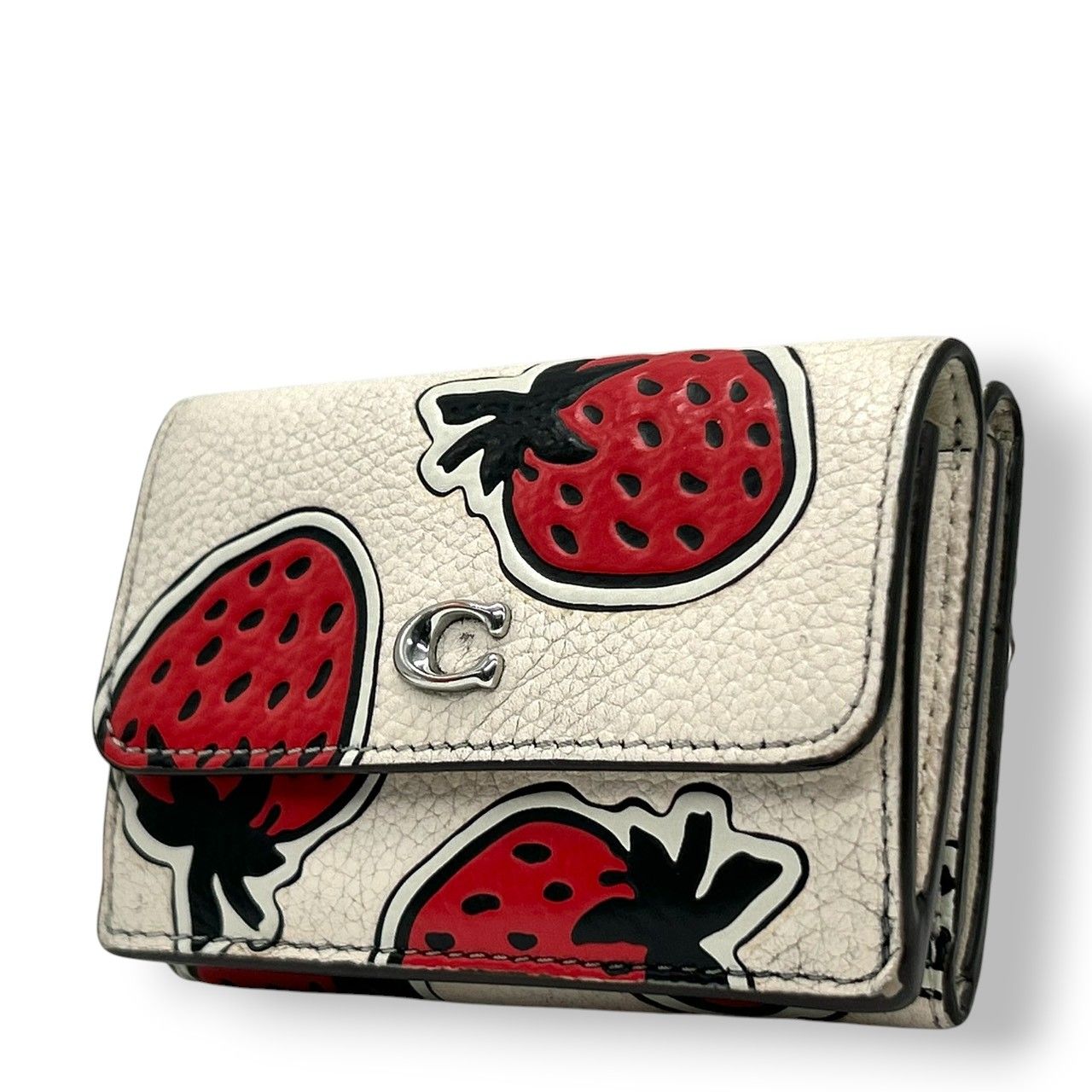 コーチ COACH 三つ折り財布 スモールウォレット ストロベリー いちご柄 フルーツ CU 473 レザー 本革 ホワイト アイボリー レッド 赤 Cロゴ コンパクト ミニマリスト レディース かわいい ポップ ミニ財布 プレゼント M 4