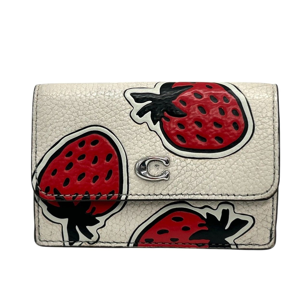 コーチ COACH 三つ折り財布 スモールウォレット ストロベリー いちご柄 フルーツ CU 473 レザー 本革 ホワイト アイボリー レッド 赤 Cロゴ コンパクト ミニマリスト レディース かわいい ポップ ミニ財布 プレゼント M 4