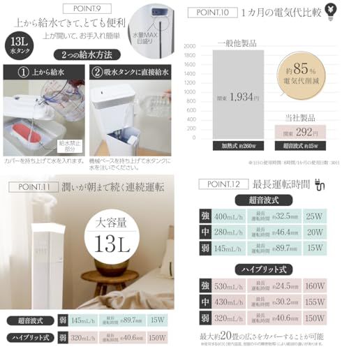 大型 ハイブリット式 加湿器 大容量 13 L 20畳 タワー型 タイマー機能 アロマ おしゃれ リモコン タッチパネル b 5 ad 7103