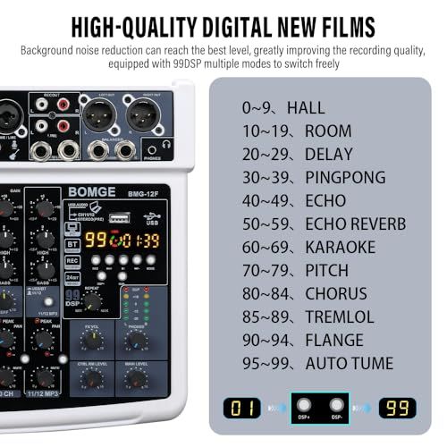 BOMGE 12チャンネルプロフェッショナルオーディオミキサー USB 48 V電源 XLR RCA入力 99種類のDSPエフェクトを備えたBluetoothスタジオミキサー プロと初心者向け e 1 c 96854