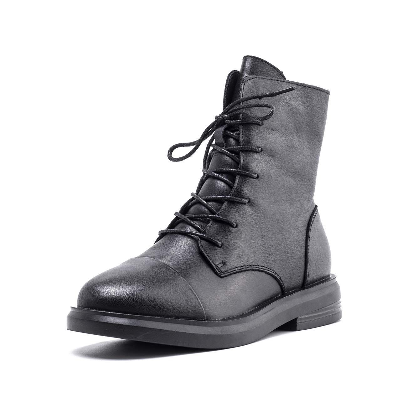 ショートブーツ 編み上げブーツ サイドジップ ローヒール 本革 レースアップブーツ レディース ズイェ ZUYEE