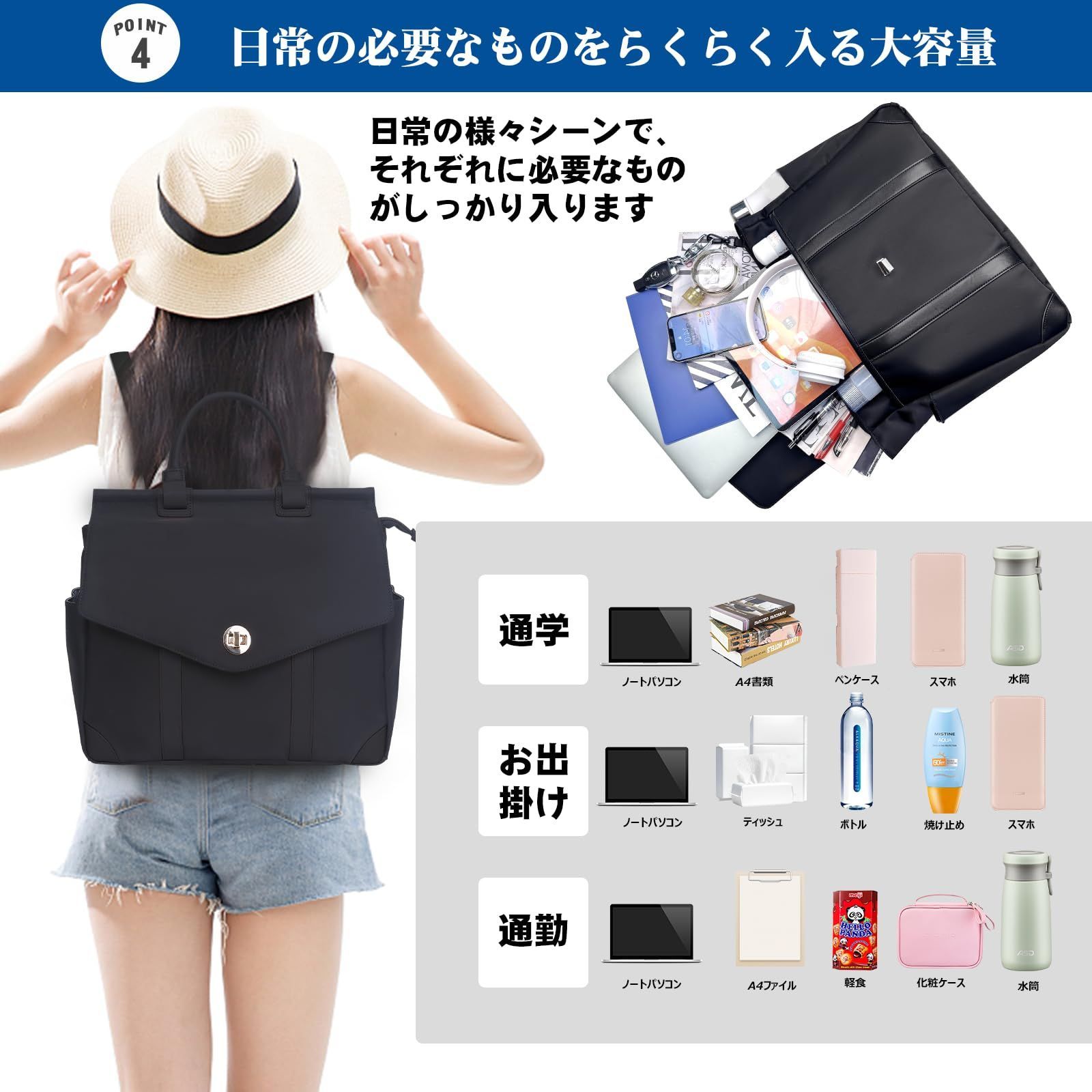 15 6インチPC収納 ハンドバッグ 大容量 ショルダーバッグ A 4対応 バックパック レディース 撥水加工 出張 リュック 旅行 通学 4 way 通勤 12ポケット OPOALO 20 L キーホルダー付き