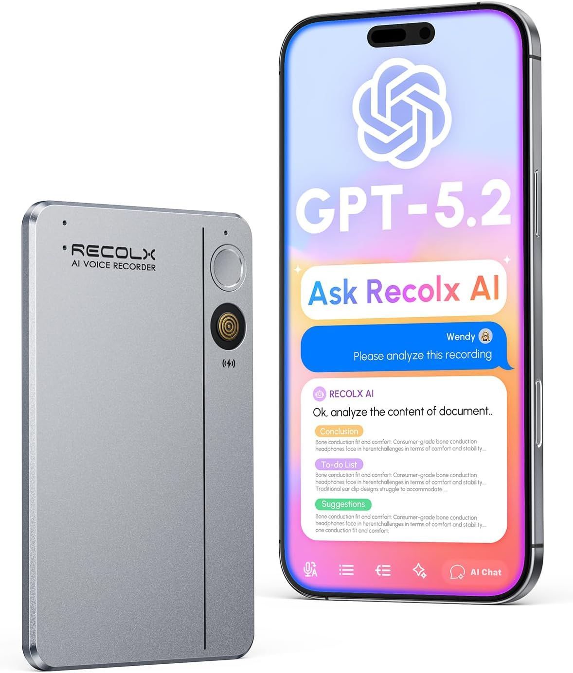 AIボイスレコーダー トランスクリバー GPT 5 2分析付き – 30時間録音 112言語の音声からテキストへ 会議 講義 インタビュー用の自動サマリー グレー