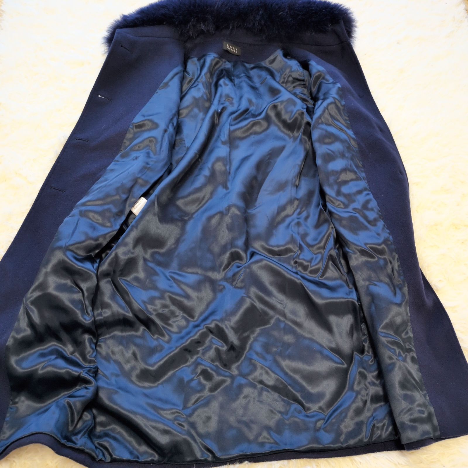 BARNEYS NEWYORK カシミヤ混 フォックスファー ロングコート ネイビー 