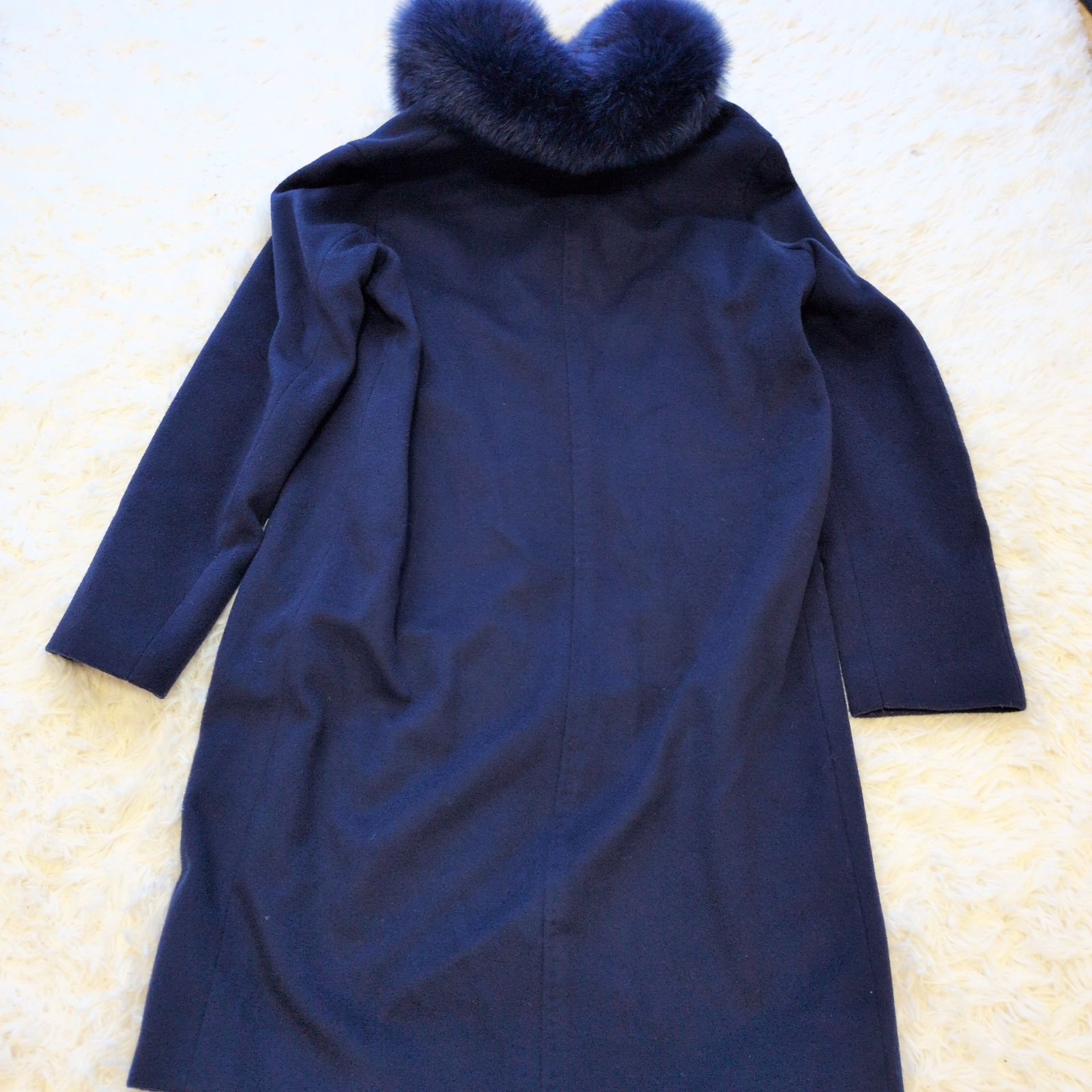 BARNEYS NEWYORK カシミヤ混 フォックスファー ロングコート ネイビー 