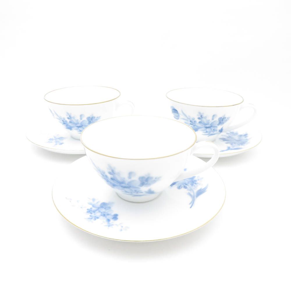 美品 OKURA 大倉陶園 カップ＆ソーサー 3客 セット ブルーフラワー 青 
