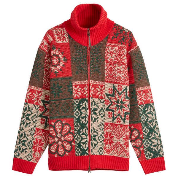 ビームス プラス メンズ アウター カーディガン パッチワーク Beams Plus Jacquard Patchwork Zip Cardigan Red レッド