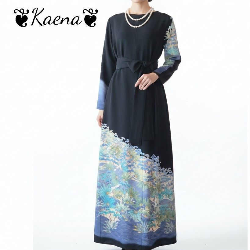 ❦Kaena❦ 着物リメイク ロング ワンピース 作家物 友禅 マキシ 黒留袖