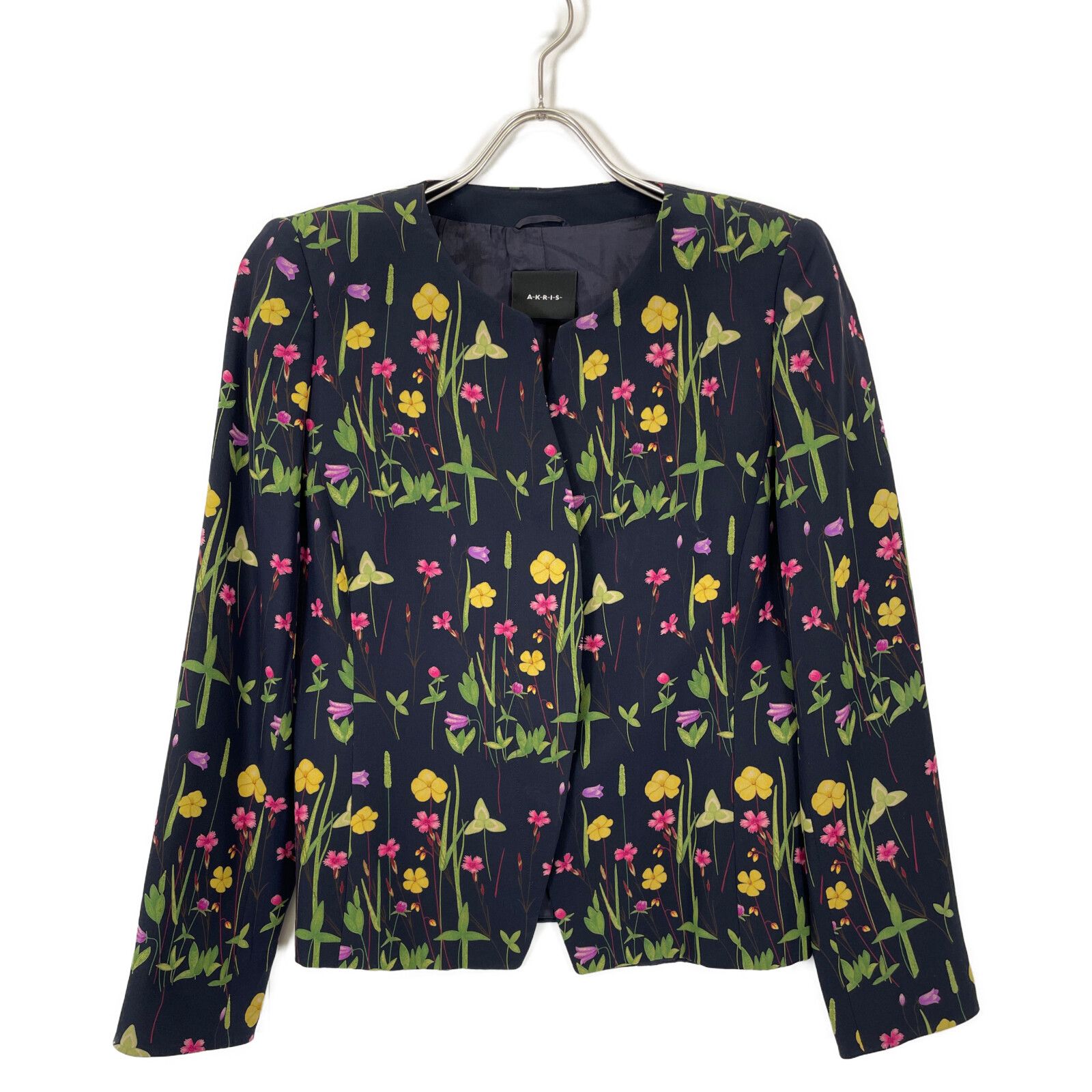 AKRIS アクリス ネイビー シルク フラワー ノーカラージャケット 42