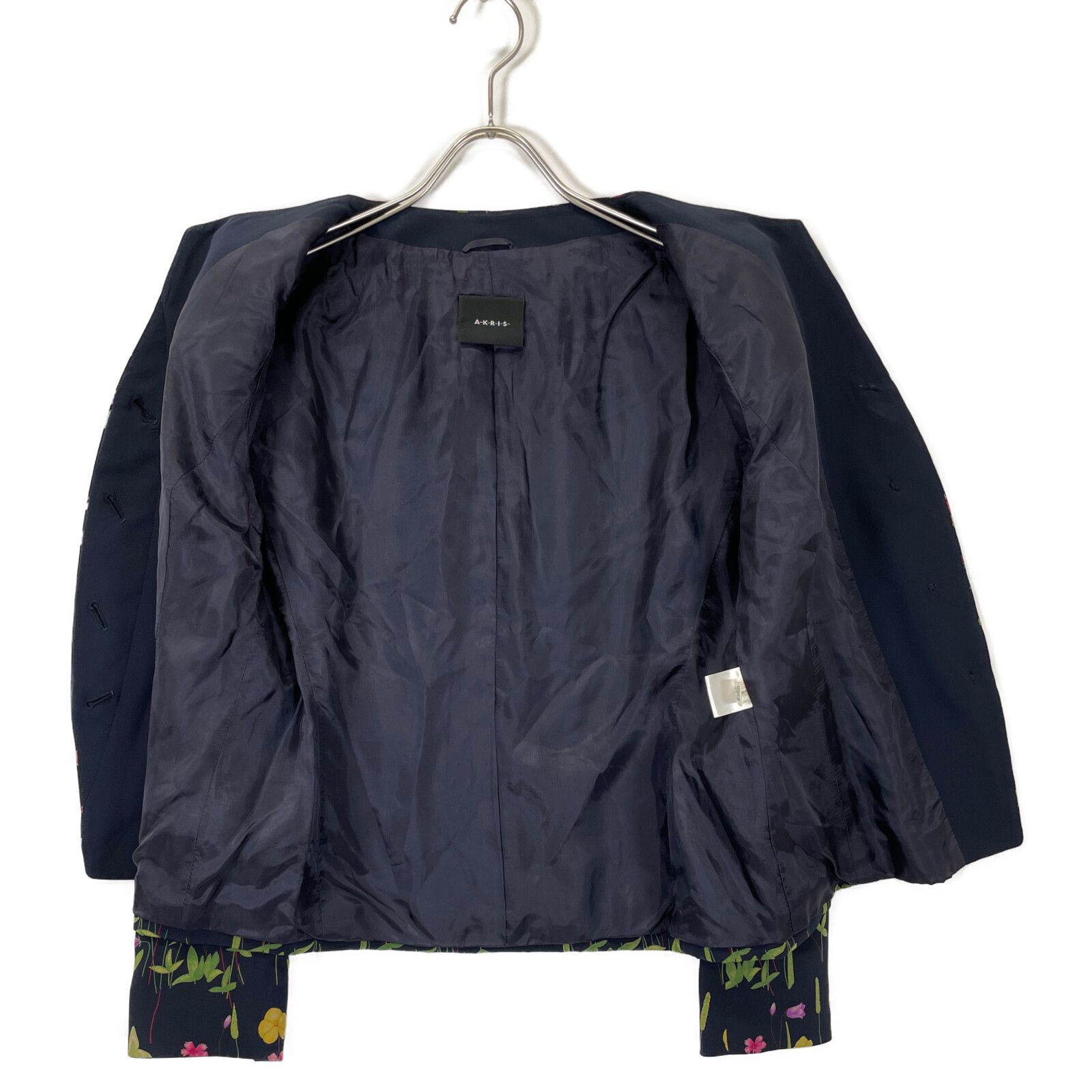 AKRIS アクリス ネイビー シルク フラワー ノーカラージャケット 42