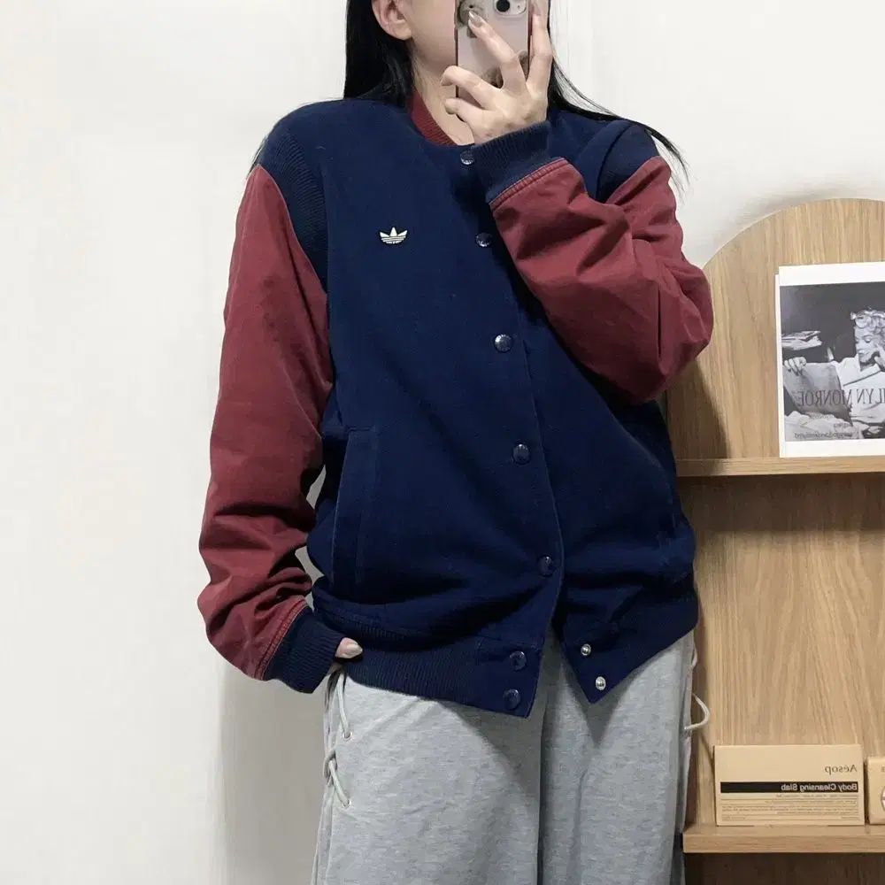 adidas アディダス ネイビー バーガンディ トレフォイル 厚手 ブルゾン アウター 105