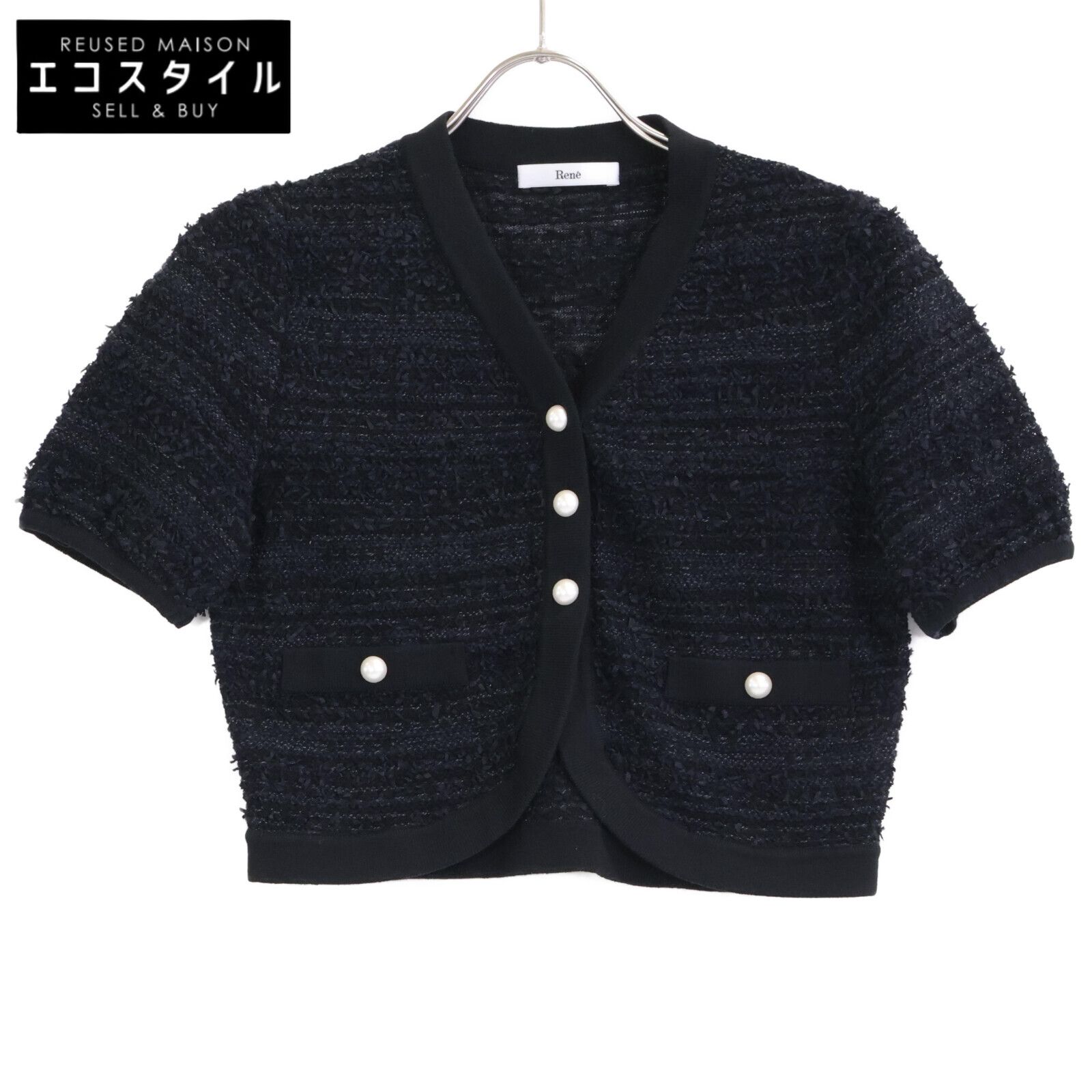 Rene ルネ ﾌﾞﾗｯｸ ﾘﾈﾝｺｯﾄﾝ混 6222520 ﾊﾟｰﾙﾎﾞﾀﾝ ﾂｲｰﾄﾞﾎﾞﾚﾛ ｶｰﾃﾞｨｶﾞﾝ 36