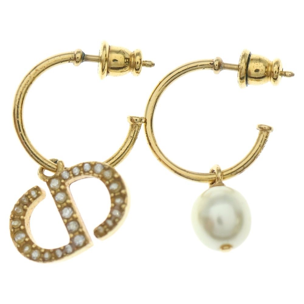 Christian Dior クリスチャンディオール ロゴ ラインストーン フェイクパール ピアス ゴールド GP レディース アクセサリー