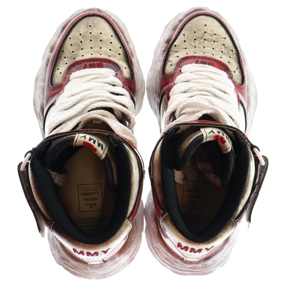  MAISON メゾンミハラヤスヒロ WAYNE OG Sole Brush Off Leather ウェイン ヴィンテージ加工 ミドルカットスニーカー ホワイト レッド スニーカー 靴