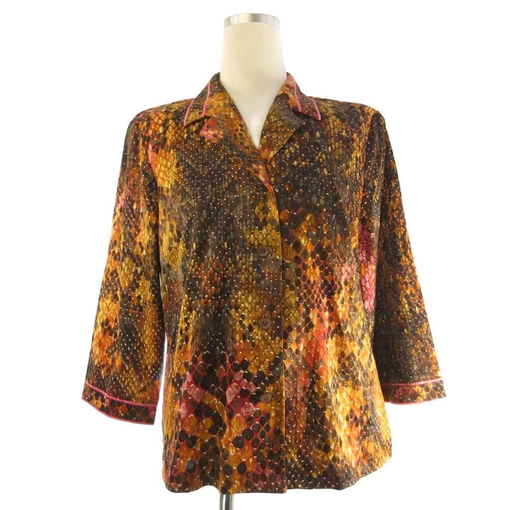 レオナール LEONARD ファッション FASHION ブラウス ジャケット 七分袖 鱗柄 コットン 茶色 ブラウン LL 大きいサイズ ECT