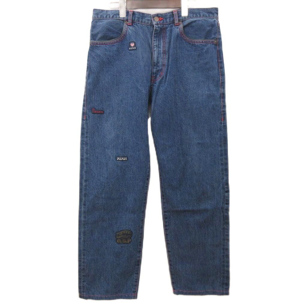 パパス Papas デニムパンツ ジーンズ ワッペン ジップフライ コットン 大きいサイズ W 34 XL インディゴ 青 ブルー