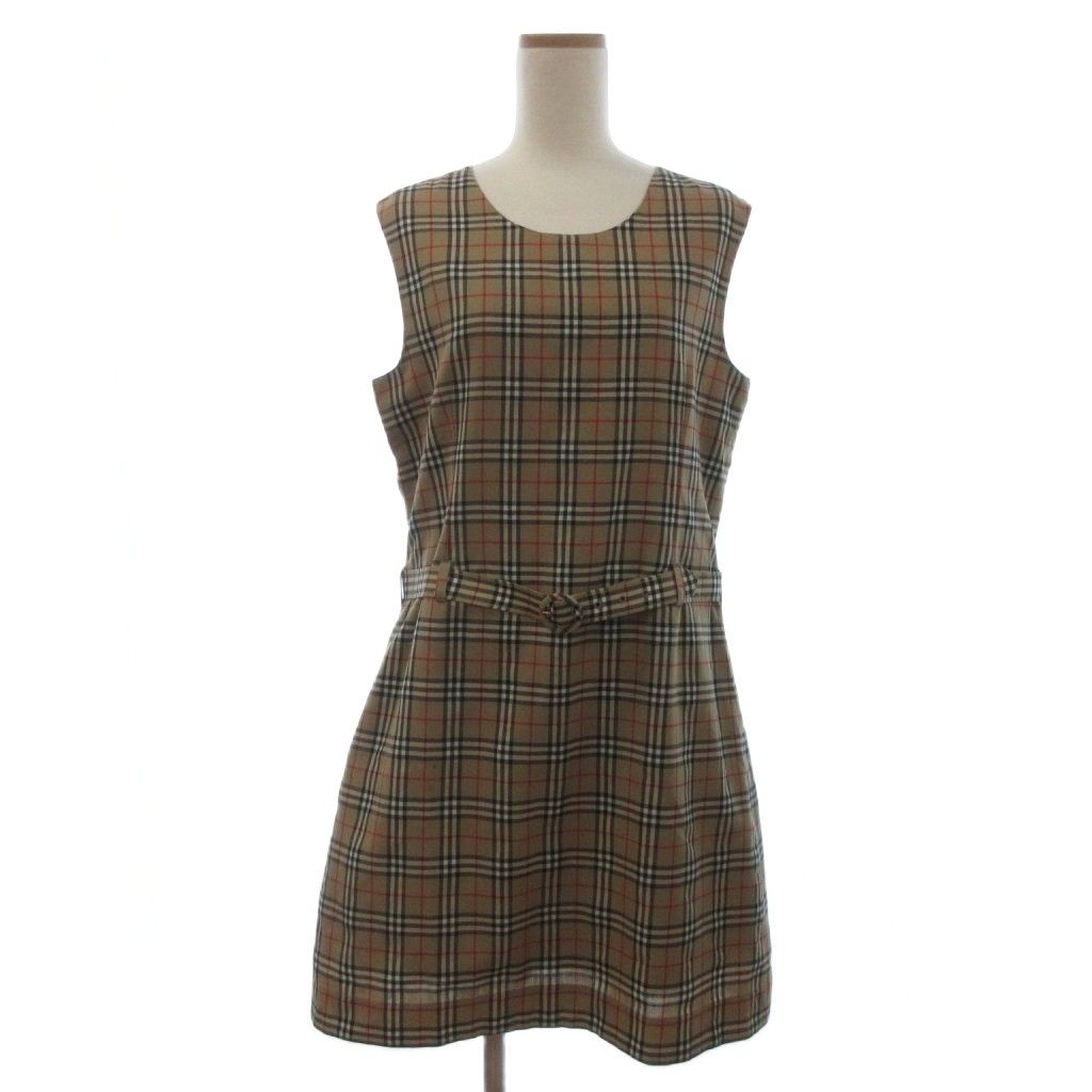 バーバリーズ Burberrys ヴィンテージ ノバチェック ワンピース ベルテッド ひざ丈 ノースリーブ ウール ベージュ