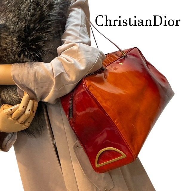 クリスチャンディオール ChristianDior エナメルパテントレザー ゴールドDロゴ オレンジレッドグラデーション 肩掛けハンドバック ミニボストンバッグ MA 1010
