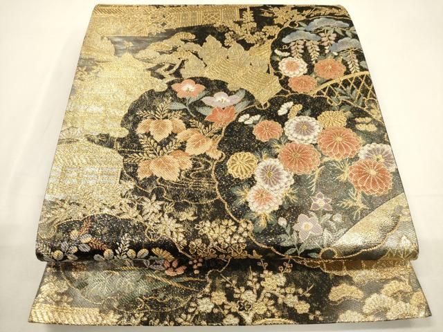 平和屋着物▽六通柄袋帯 御所解琳派雪輪紋 金糸 引箔 正絹 逸品