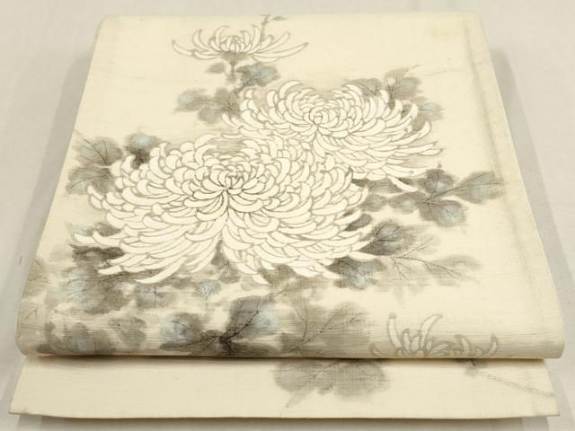 平和屋着物▽太鼓柄袋帯 紬地 作家物 手描き 草花文 正絹 逸品