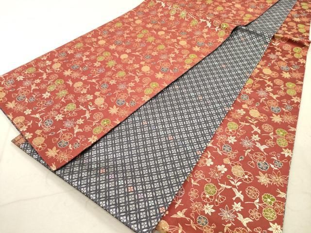 平和屋着物◎両面 全通柄袋帯 花鳥文 金糸 正絹 逸品 DAAZ1960xg
